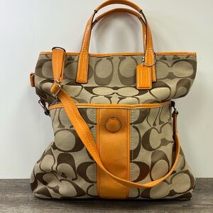 Coach Signature Stripe Foldover Tote Crossbody Bag Brown Canvas Orange Leather